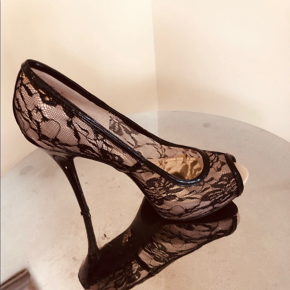 JLO Black Fishnet Platform/Pumps with peep toes